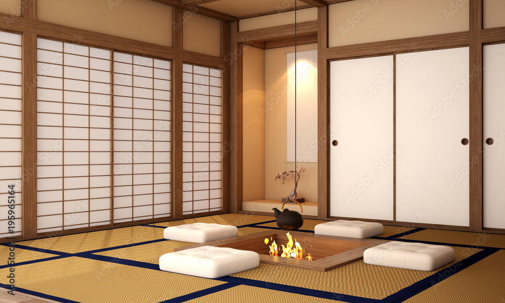 interior design,classic traditional living area and dining area with table,wood floor and tatami mat