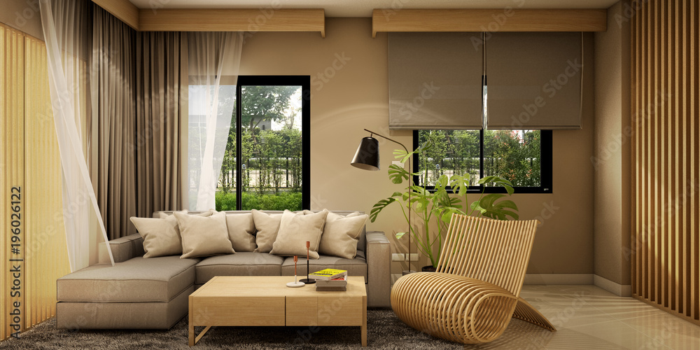 室内设计，现代生活区和用餐区，配有桌子、木地板、榻榻米垫和传统