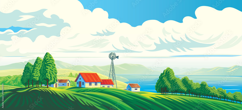 有房子的乡村景观，以及远处湖泊或大海的美丽景色。矢量插图。