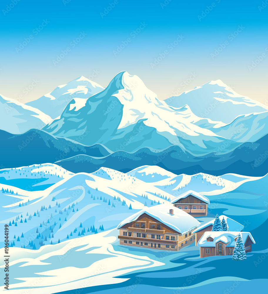 滑雪场的冬季景观，有山脉和滑雪斜坡。矢量插图。