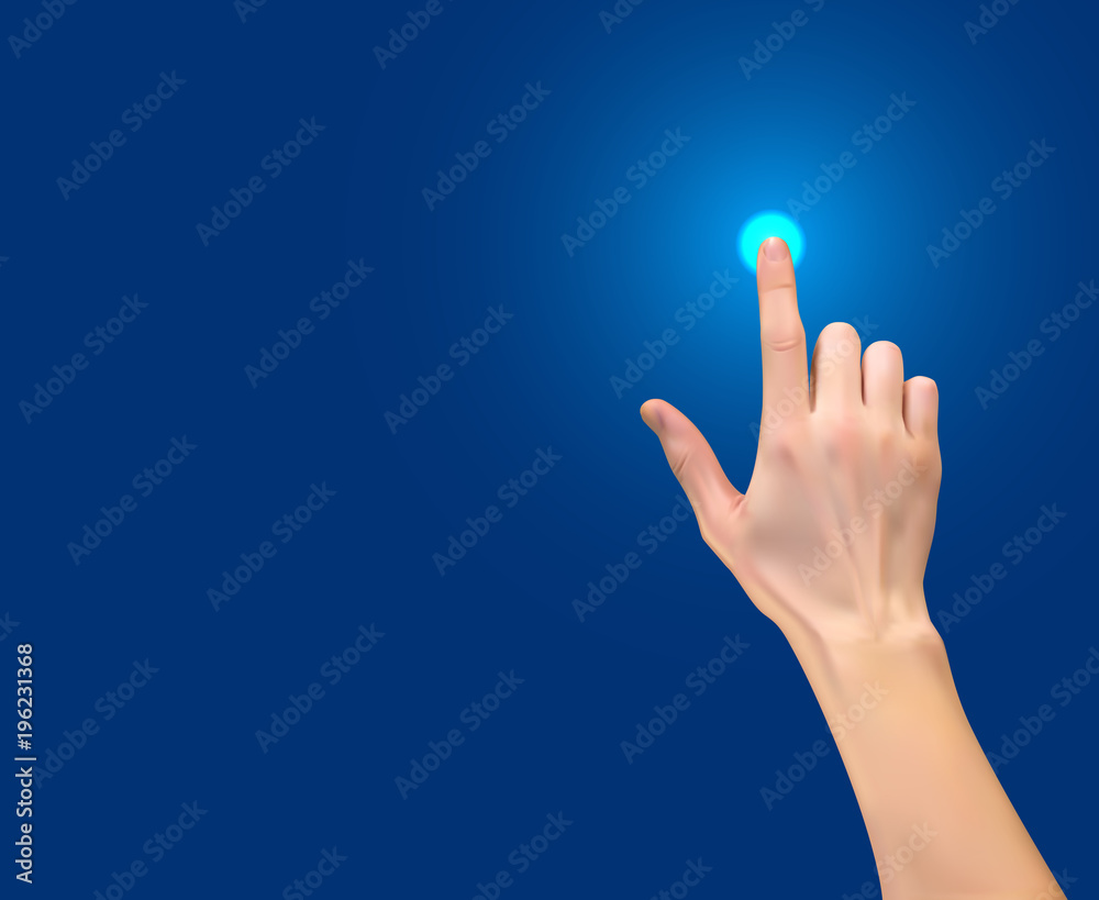 用手指在蓝色背景上按下按钮的手的逼真3D轮廓。矢量插图