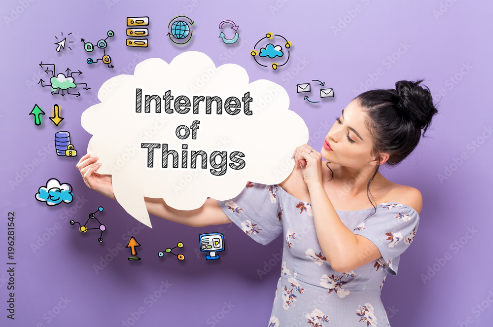 Internet of Things with young woman holding a speech bubble