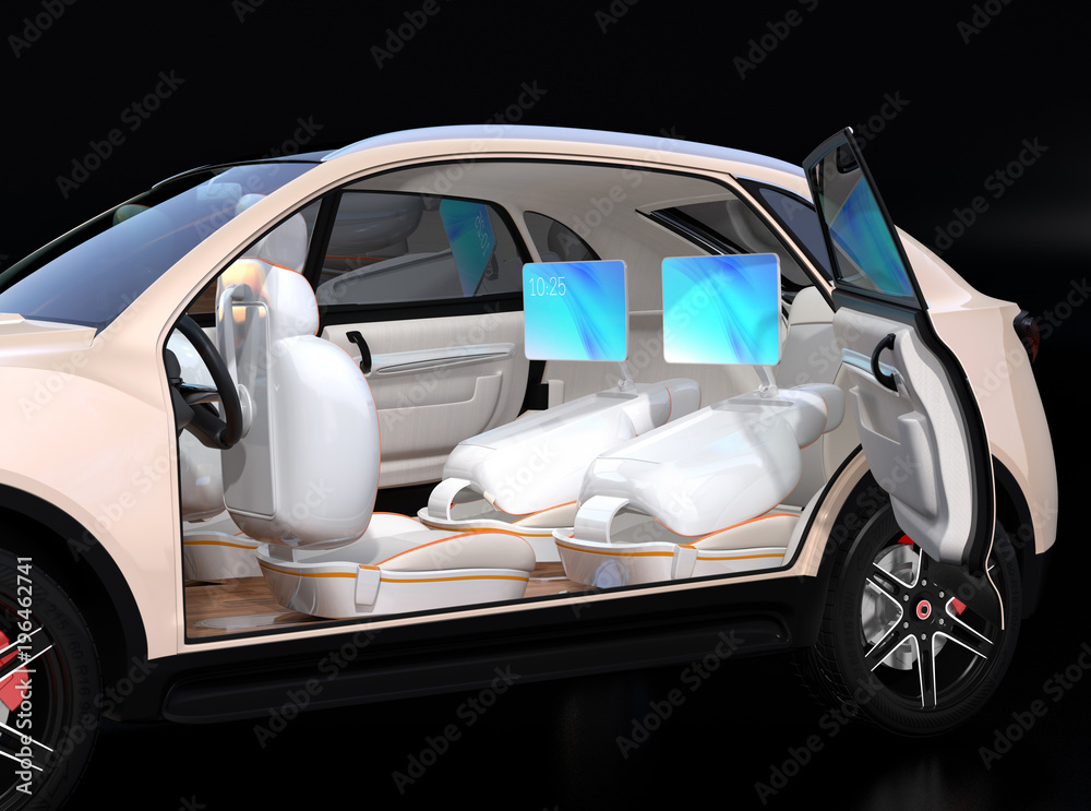 电动自动驾驶SUV汽车内饰设计。乘客通过后座显示器进行视频会议