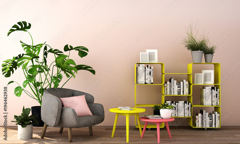 现代风格的生活区室内设计，木质地板上有植物、椅子、桌子和许多道具