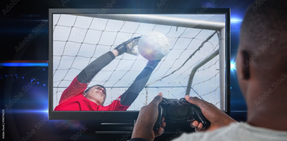 Composite image of man playing video game against white