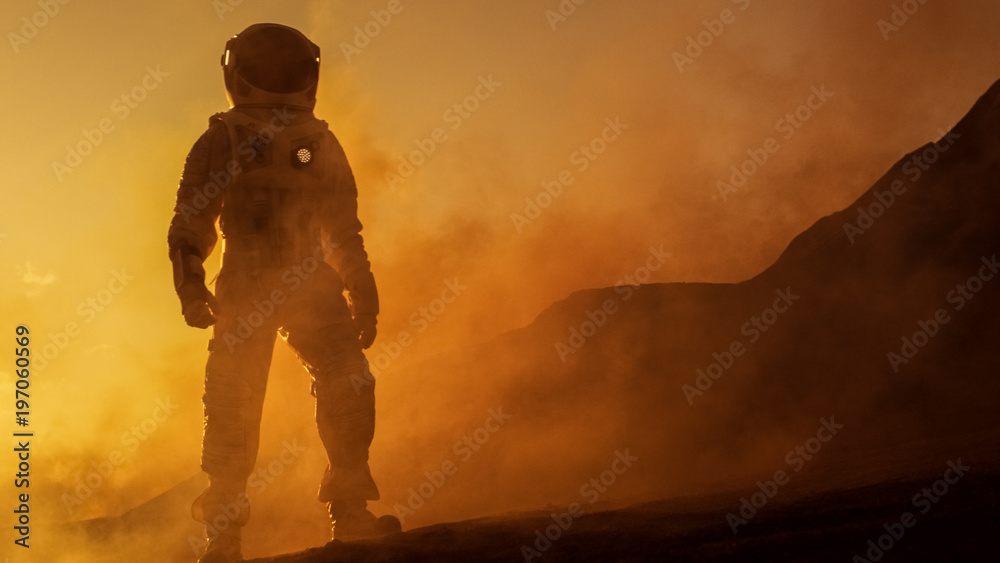 Brave Astronaut Confidently Walks on Mars Surface. Red Planet Covered in Gas and rock,  Overcoming D