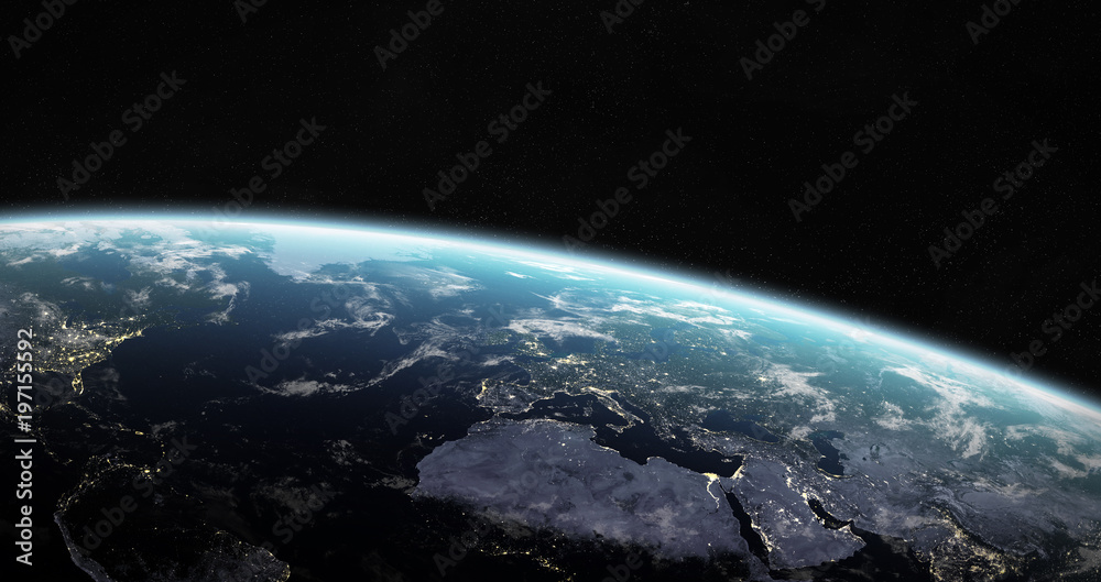 美国国家航空航天局提供的这张图片的3D渲染元素在太空中的蓝色行星地球视图