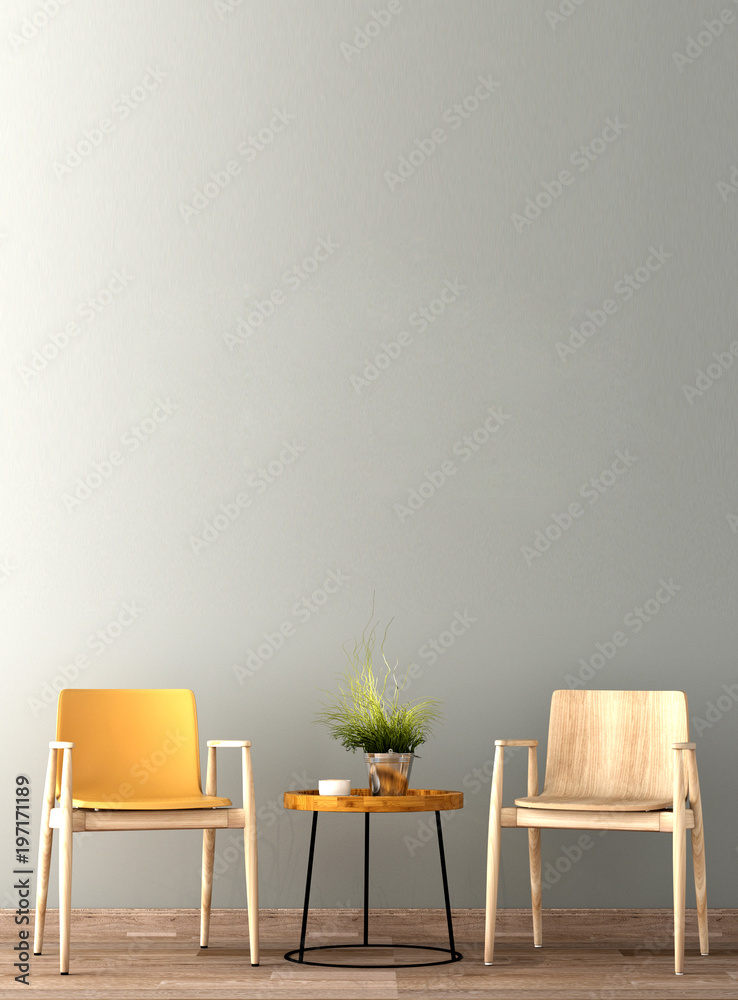 现代风格的接待区室内设计，配有植物、椅子、桌子和许多木制道具