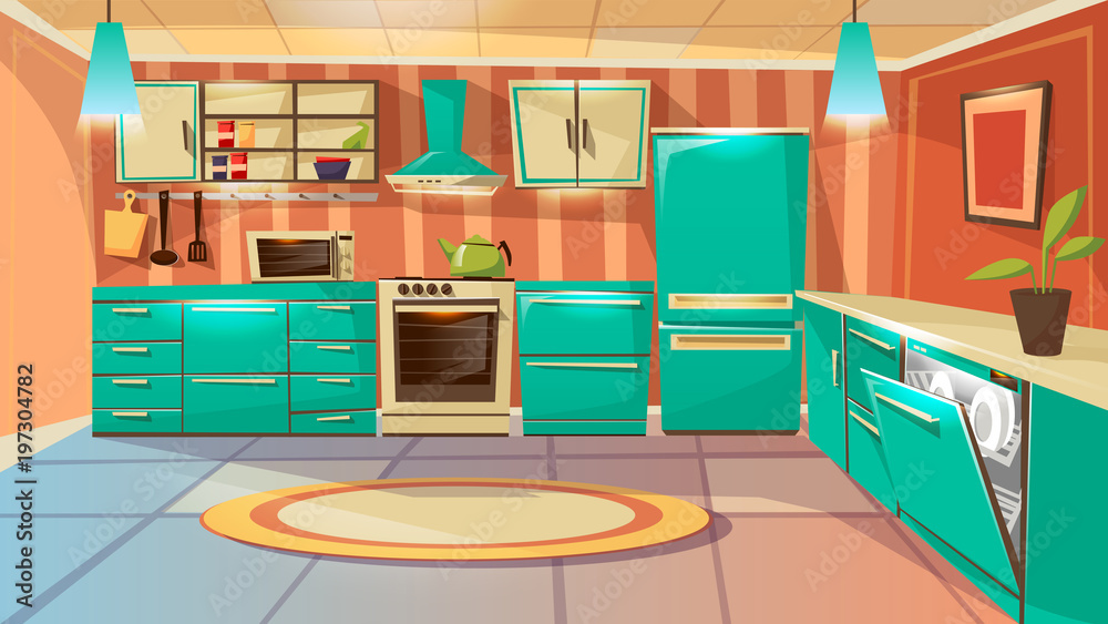 矢量现代厨房内部背景模板。带家具的卡通餐厅插图