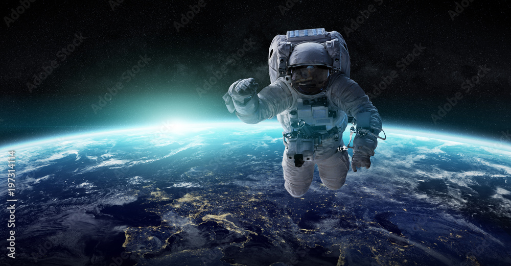 宇航员漂浮在太空中，美国国家航空航天局提供的这张图像的3D渲染元素