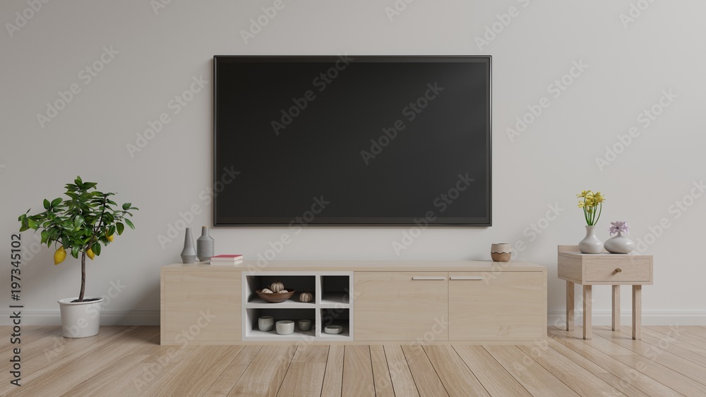 明亮房间橱柜上的电视，白色墙壁背景，3D插图