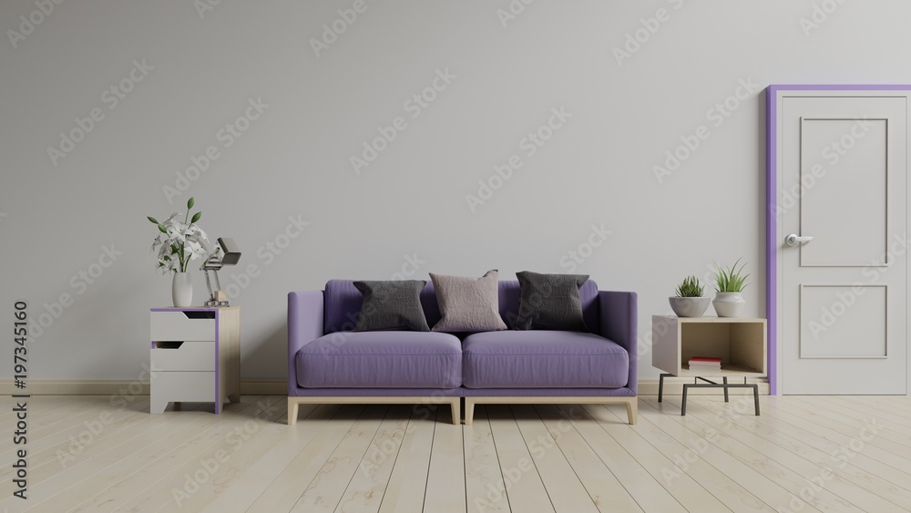 客厅内部配有紫色沙发、橱柜和灯，概念2018年紫外线颜色，