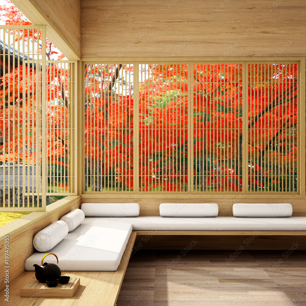室内设计，带桌子、木地板、榻榻米垫和传统日式doo的现代客厅