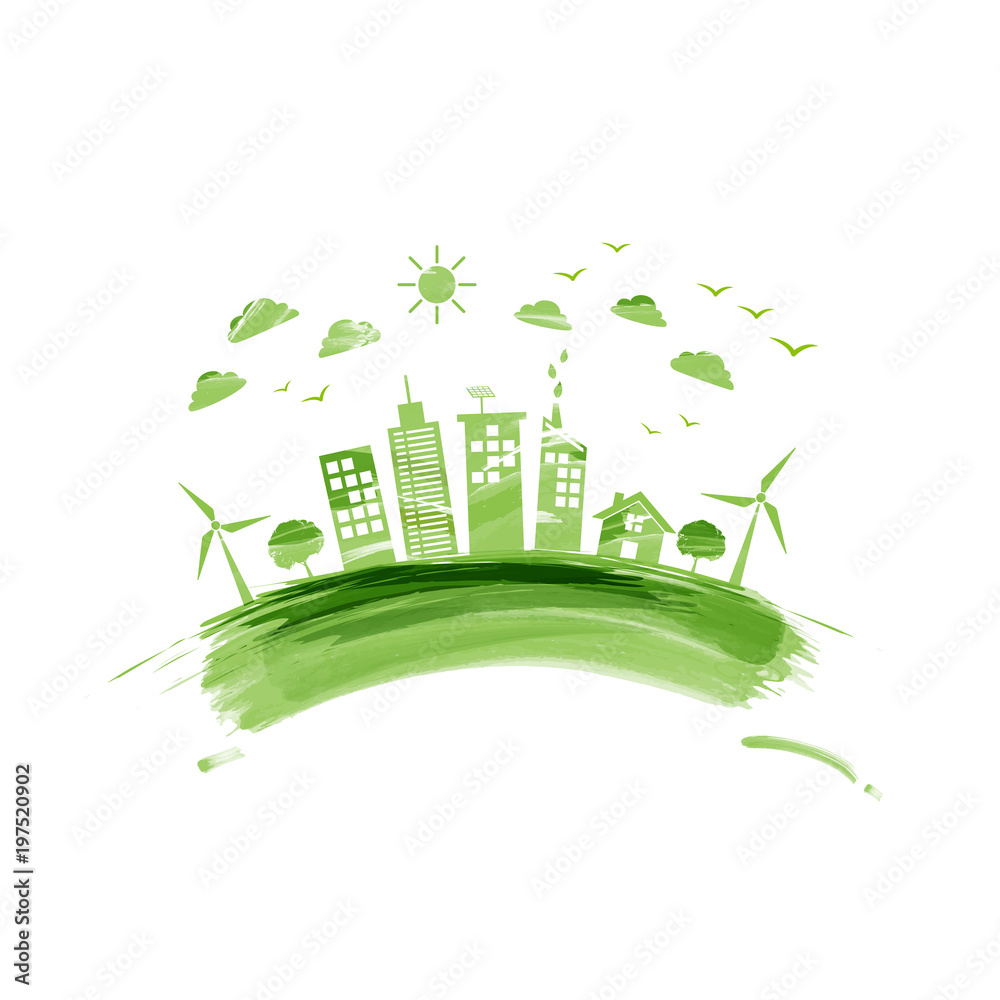 环保，绿色城市，水彩画环保概念，矢量插图