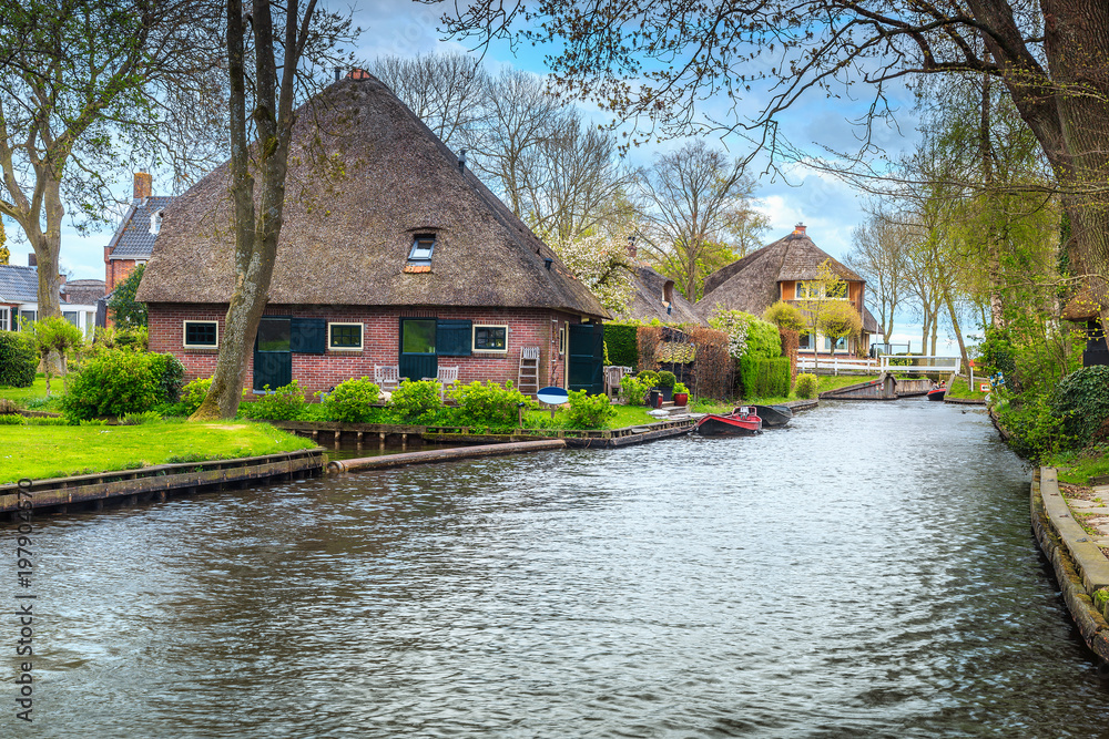 美丽的荷兰村庄，有花园和房子，荷兰吉托恩，欧洲