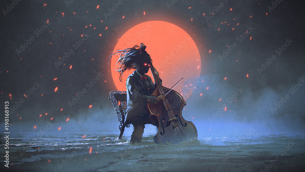 神秘男子坐在椅子上，在大海中弹奏大提琴，伴随着红色的麋鹿在夜空中