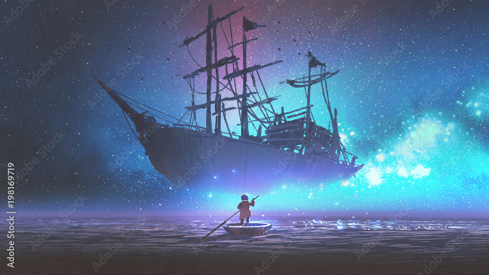 小男孩在海里划船，看着漂浮在星空中的帆船，digital a