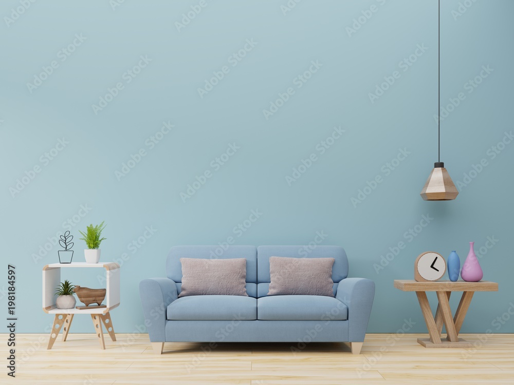 现代客厅内部，蓝色墙壁背景上有沙发和绿色植物、灯、桌子、橱柜。3