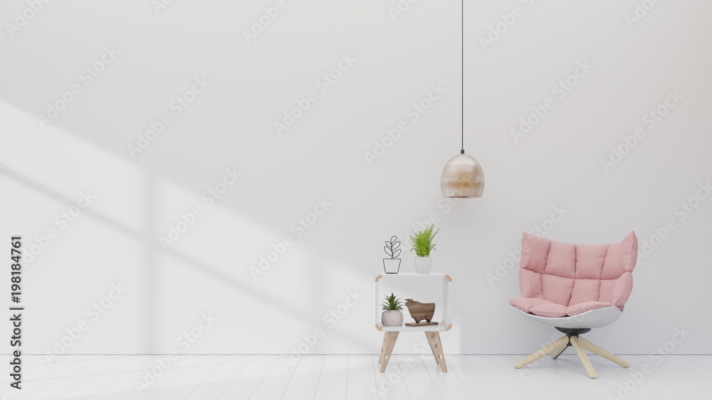 Pink armchair with cabinet in white room with simple lamp on empty wall. 3d rendering