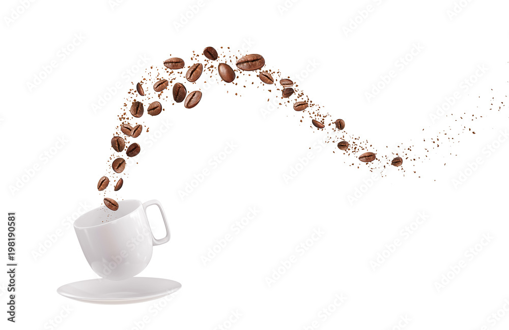 咖啡豆和咖啡粉从白杯子里飞出来