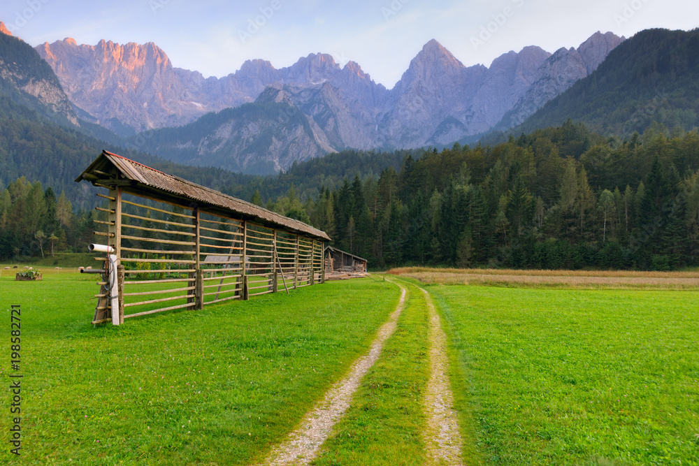 阿尔卑斯山景观，土路穿过新鲜的绿色草地和传统的干草架。引人注目的岩石