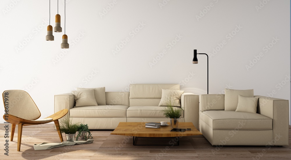 现代风格的生活区室内设计，木质地板上有植物、椅子、桌子和许多道具