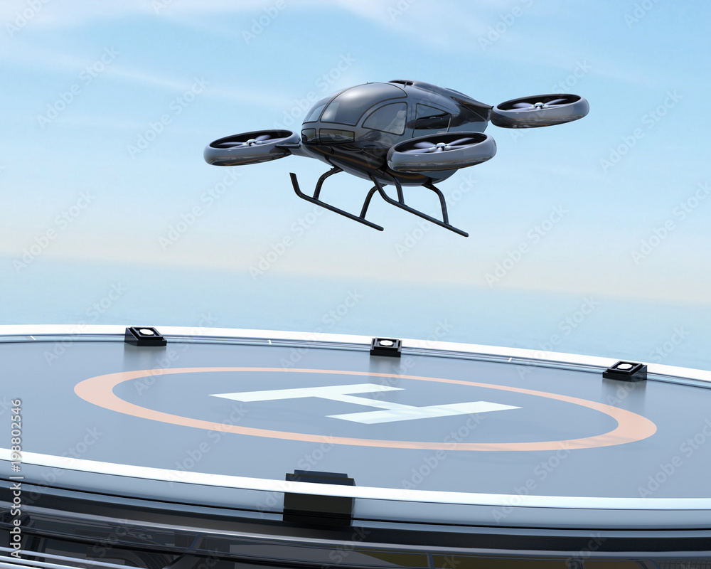 黑色无人驾驶客机从直升机停机坪起飞。3D渲染图像。