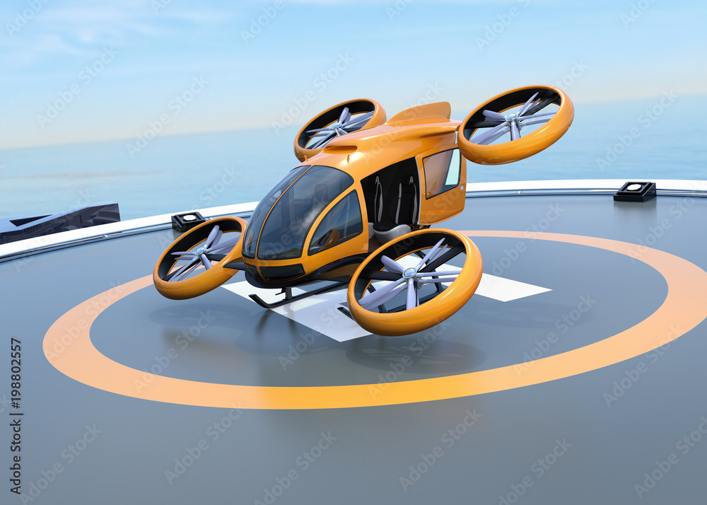 橙色无人驾驶客机在直升机停机坪上起飞和降落。3D渲染图像。