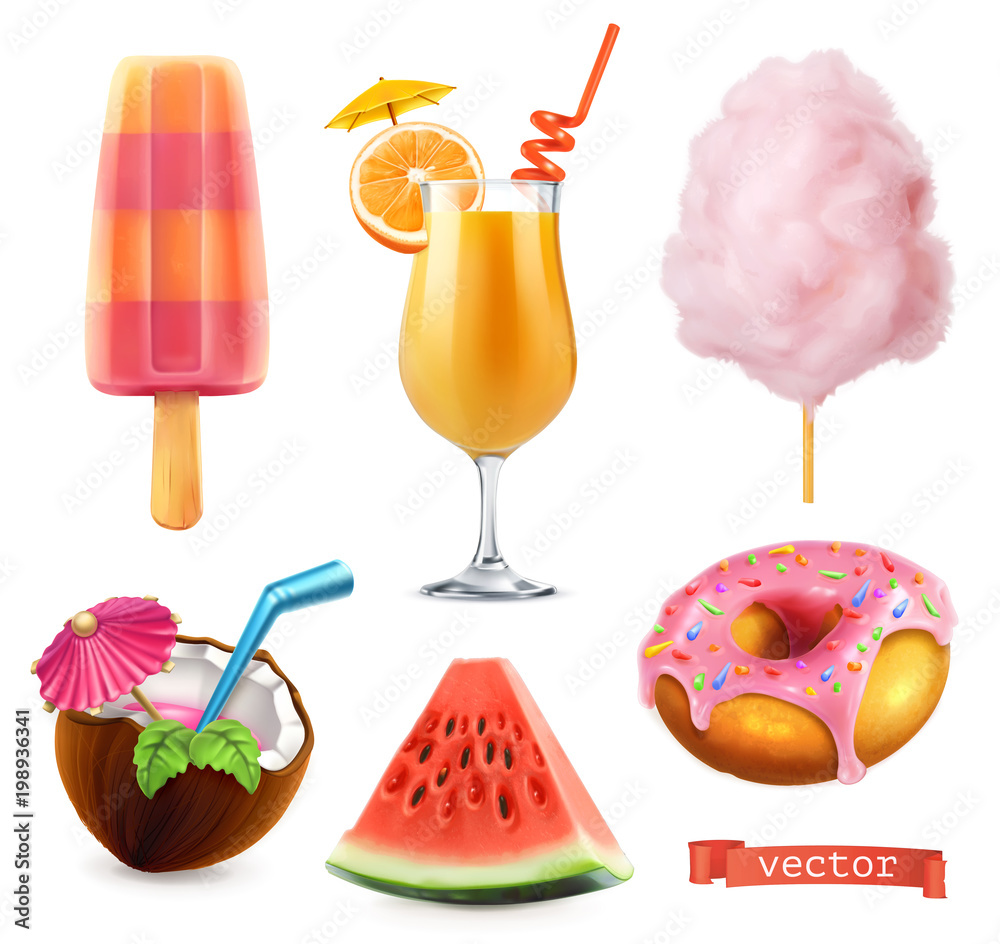 夏天，甜食。冰淇淋，橙汁，棉花糖，鸡尾酒，西瓜，甜甜圈。3d逼真