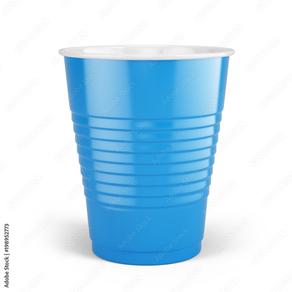 蓝色一次性杯子-白色隔离塑料杯子。3d渲染