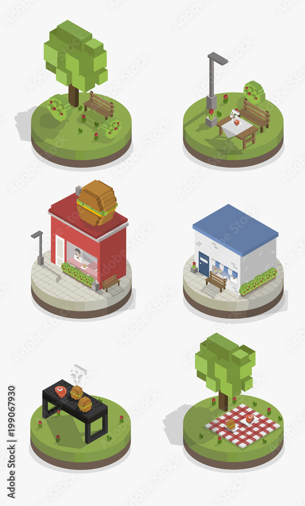 Illustration set of pixelated park and city models