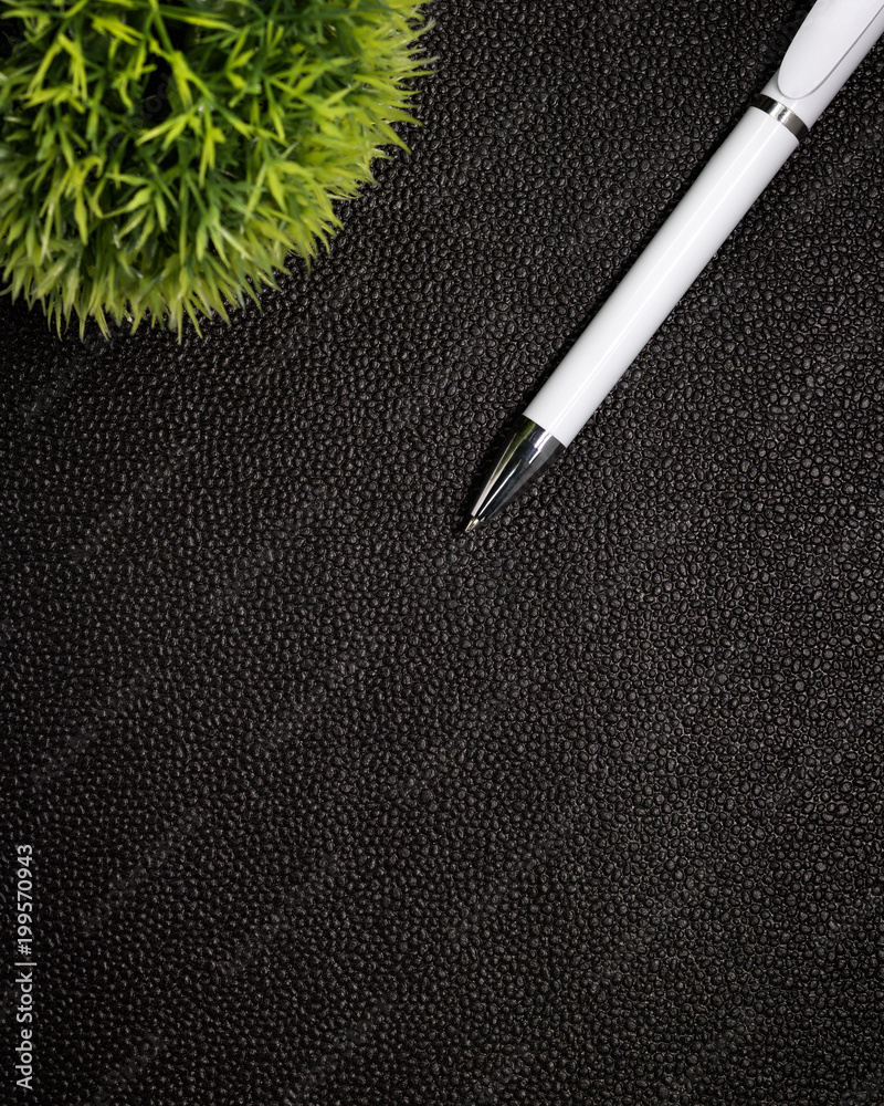 黑色皮革背景上的白色钢笔。圆珠笔的模板供您设计。