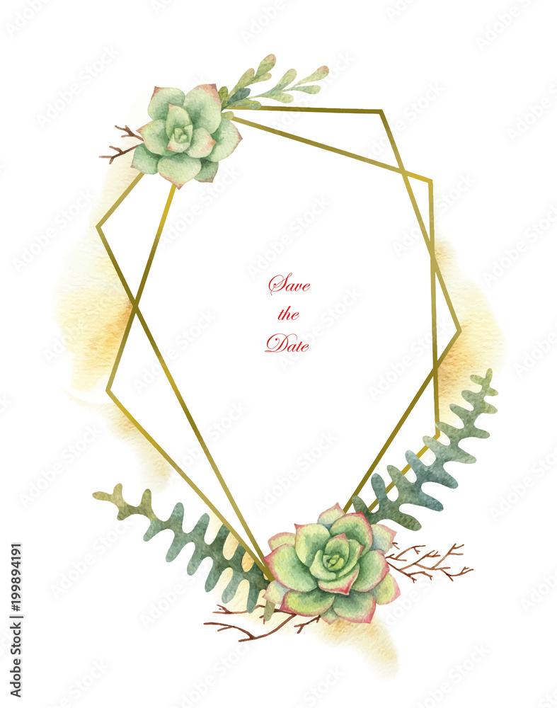 仙人掌、多肉植物和金色几何框架的水彩矢量组成。