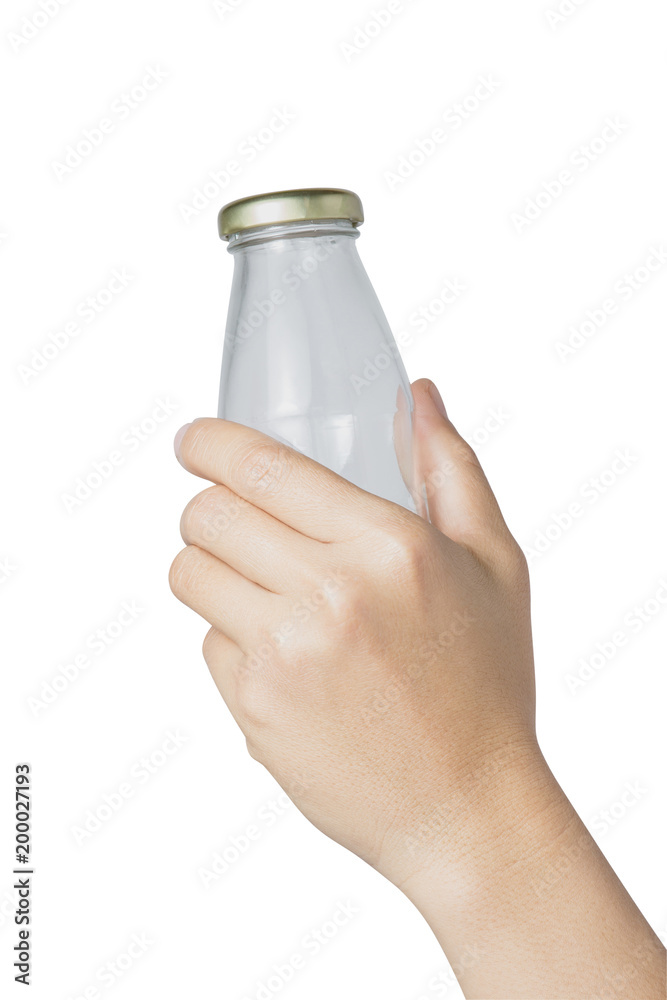 女性手持白色背景透明的空玻璃瓶，文件中包含一个剪辑pa