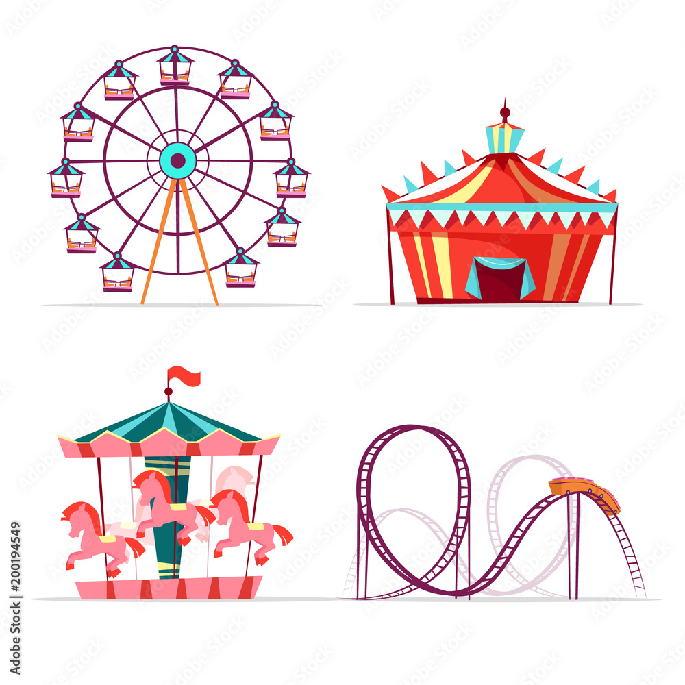 Vector cartoon amusement park attractions set. Ferris wheel, merry go round horse carousel, roller c