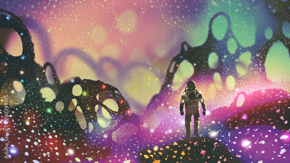 宇航员在外星与发光粒子一起在地面上行走，数字艺术风格，插图画家