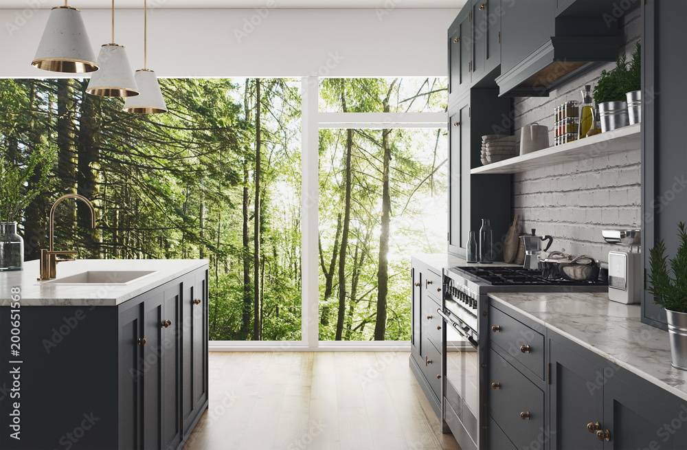 Cucina moderna realistica nel bosco，在legno e marmo中设计最小，渲染3d