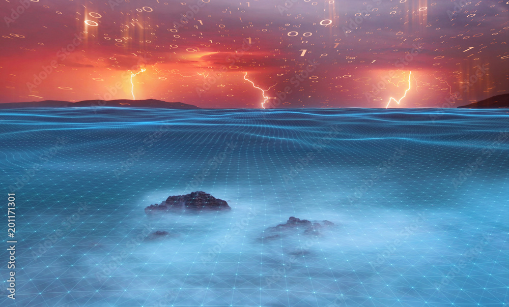 海上魔幻风暴之夜，闪电和未来的网络空间数据背景。