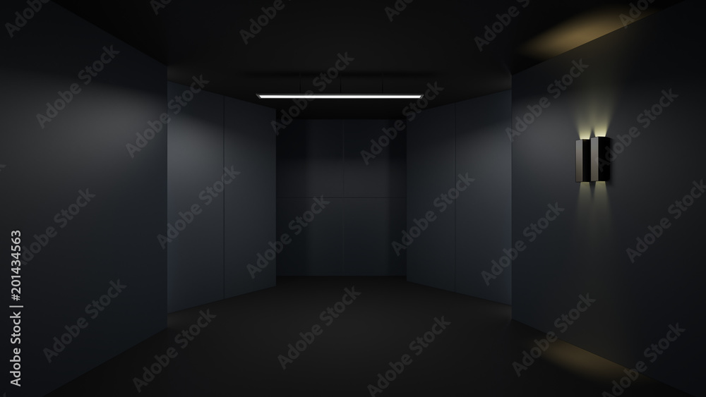 3D渲染极简主义和现代设计工作室房间空间背景，低调照明。