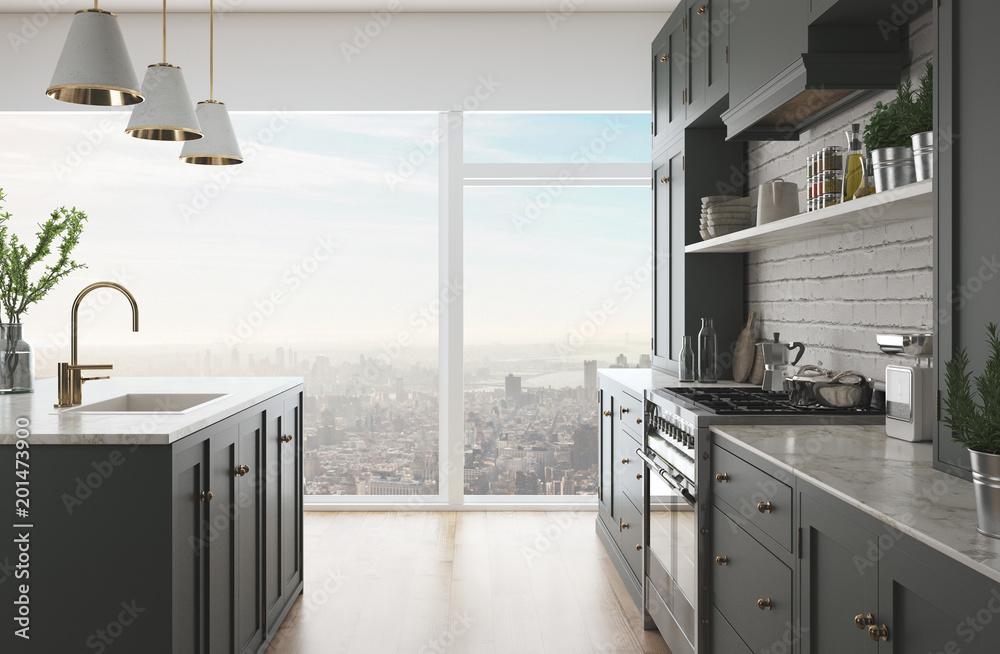 Cucina moderna realistica, appartamento in città, render 3d