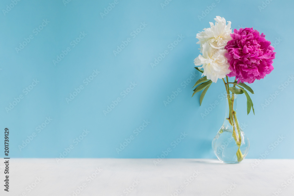 花瓶里的白色和粉色牡丹