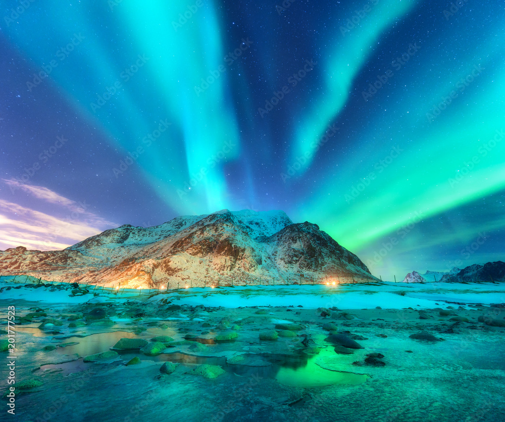 极光。挪威罗弗敦群岛的北极光。带极地灯光的星空。夜晚的冬季土地