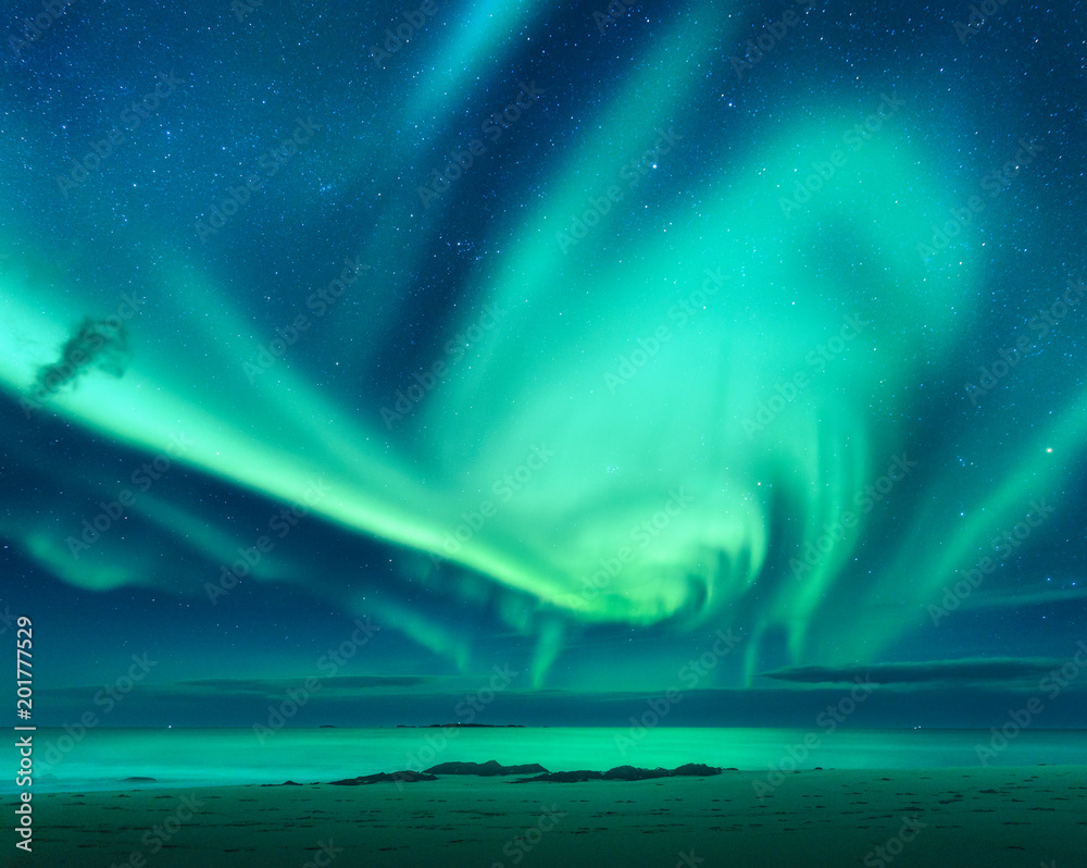极光。海上的北极光。挪威罗弗敦群岛。绿色北极光。星空wi