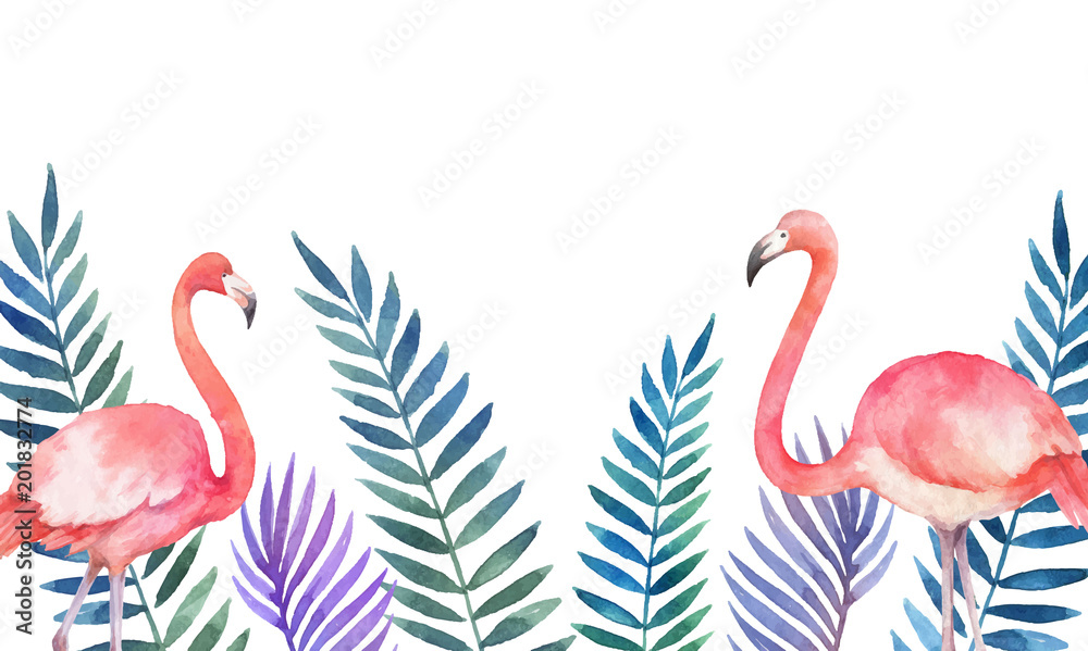 热带树叶和粉红色火烈鸟的水彩矢量卡，孤立在白色背景上。