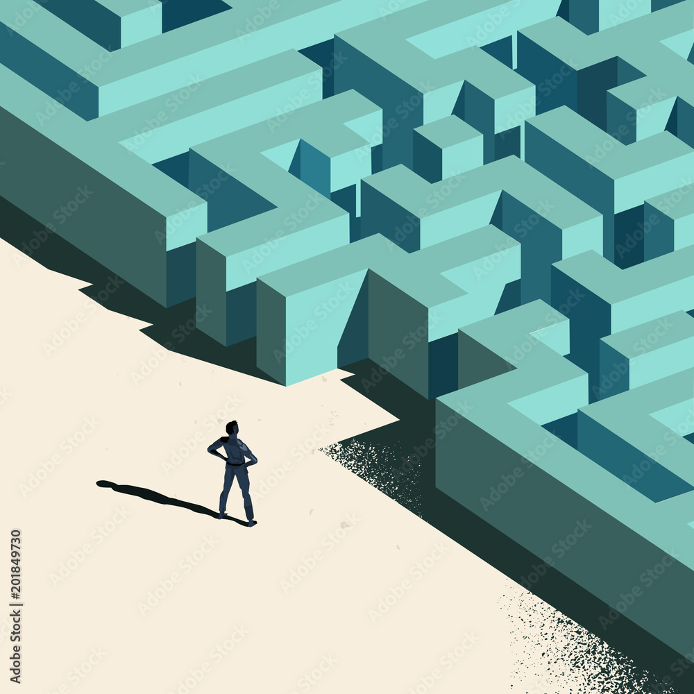 商业挑战-前方迷宫。一个人站在迷宫入口处。概念向量