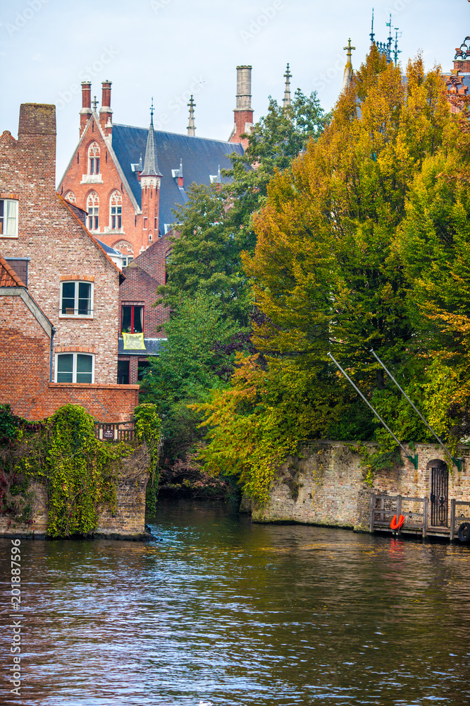 Brugge medieval historic city. Brugge streets and historic center, canals and buildings. Brugge popu