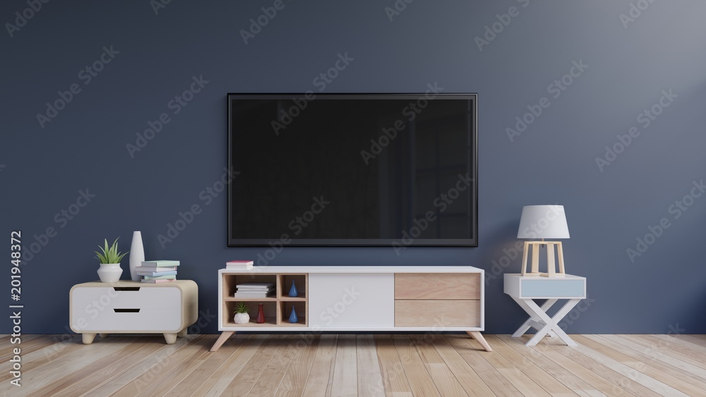 客厅蓝色墙上的智能电视有暗墙，3d渲染