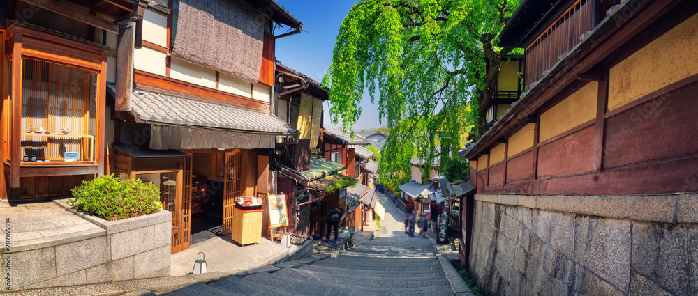 日本京都东山区樱花树小街的景色。传统日式ho