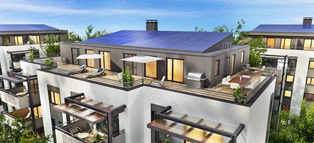 多层建筑屋顶上的太阳能电池板