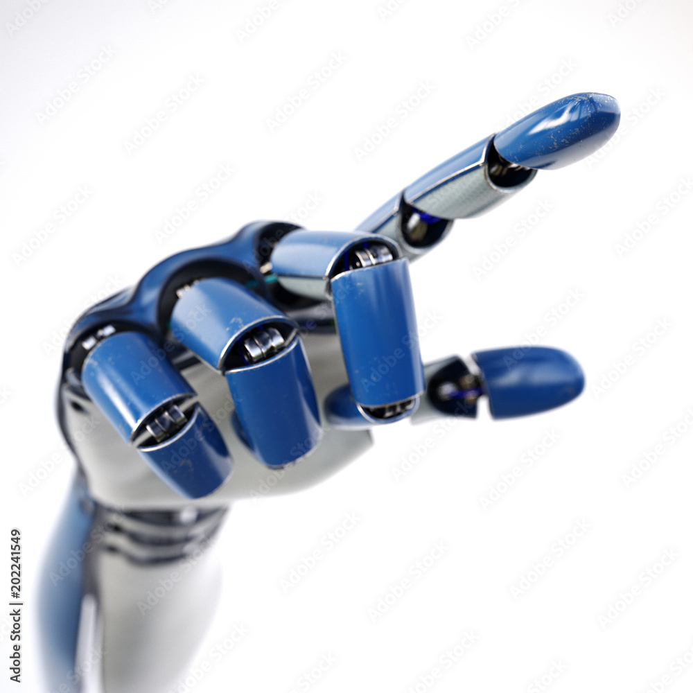 机器人在虚拟世界中工作的控制手。未来主义的设计理念。隔离在白色ba上